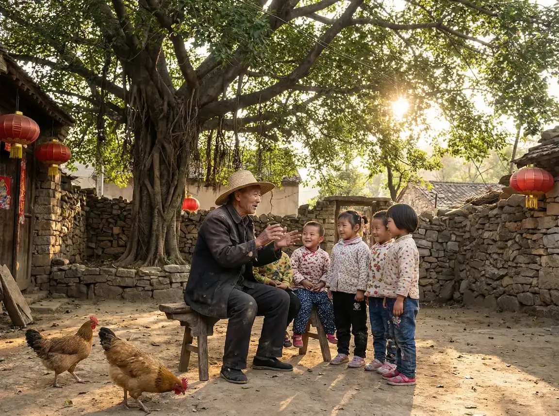 老人在大榕树下给孩子们讲故事 - 双飞人的功效与作用 乡村记忆